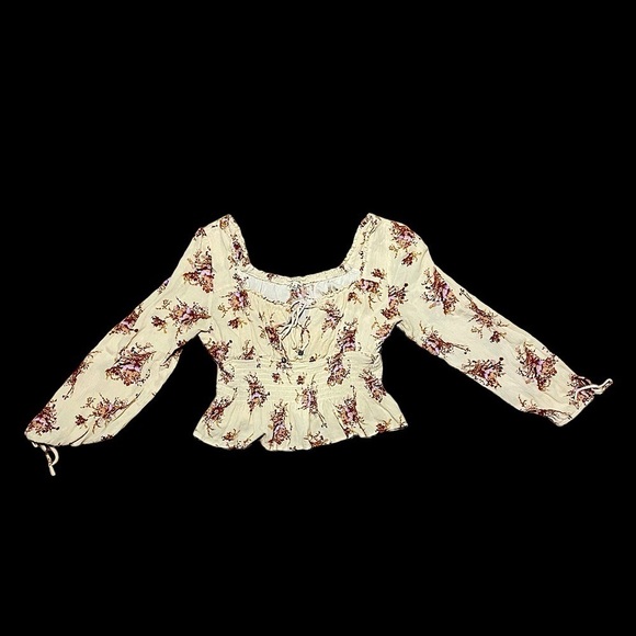 Floral Print Square Neckline Crop Top long sleeve rush blouse - Picture 1 of 11